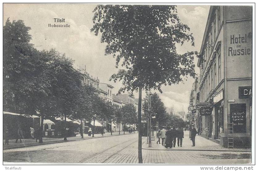 Tilsit Hohestraße Ecke Langgasse Belebt Straßenbahn Tram Sowetsk Hotel De Russie Cigarren Carl Peters Russia 5.11.1914 - Ostpreussen