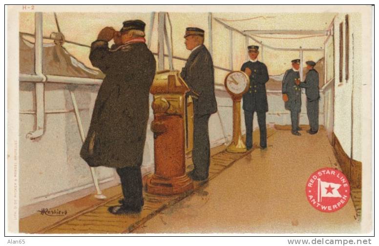 Red Star Line Cruise Ship, Antwerp To New York Advertising On C1910s Vintage Postcard, Crew On Bridge Artist Signed - Dampfer