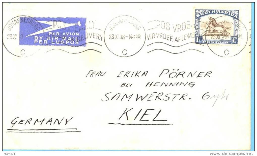 Lettre / Cover / Brief  Air Mail 1938 Johannesburg -- Kiel (D) " Post Early For Quick Delivery / Pos Vroeg Vir Vroee Afl - Storia Postale