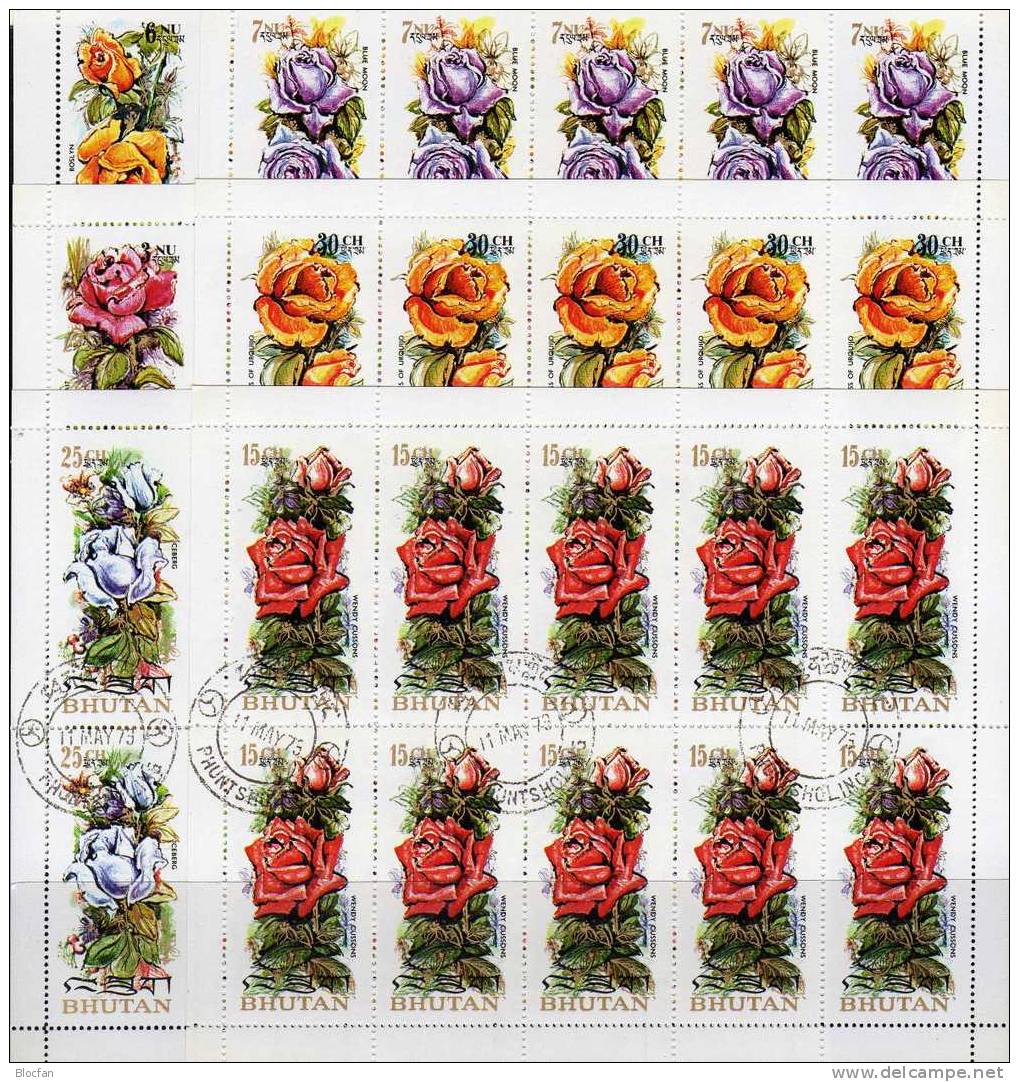 Maxi-set Scented Roses Wonderful Perfumed Set Of 6 Stamps, Bloc And In Minisheets Of 10 - Bhoutan