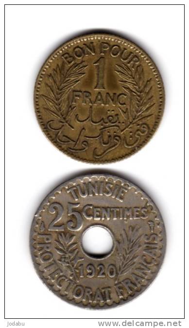 2 Piéces De Tunisie 1 Franc De 1926-et 25 Centimes De 1920 - Tunisia