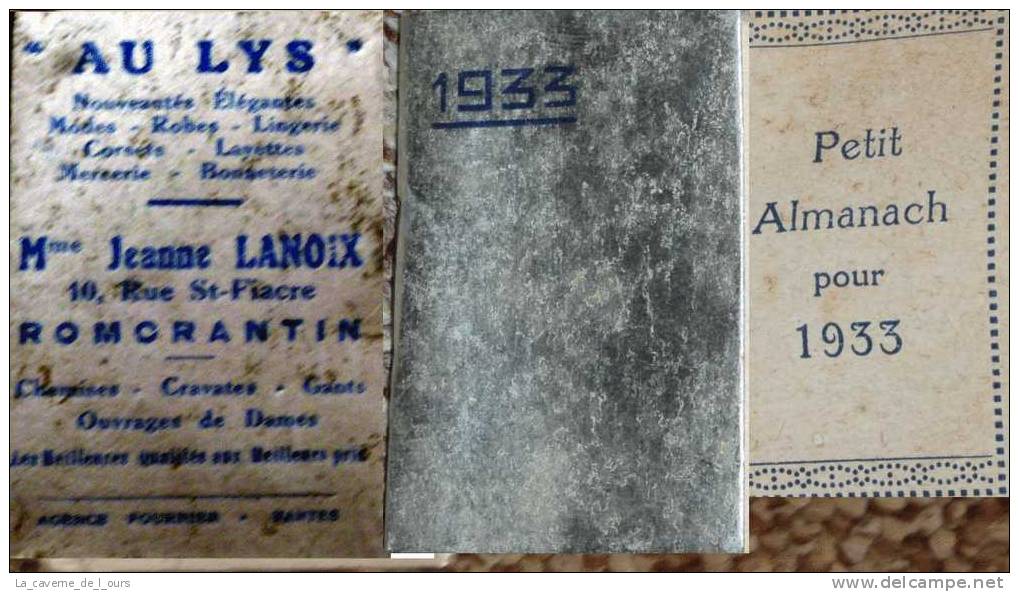 Calendrier, Almanach, Agenda 1933 Couleur Argent, "Au Lys" Boutique Vêtements Romorantin 41 - Petit Format : 1921-40