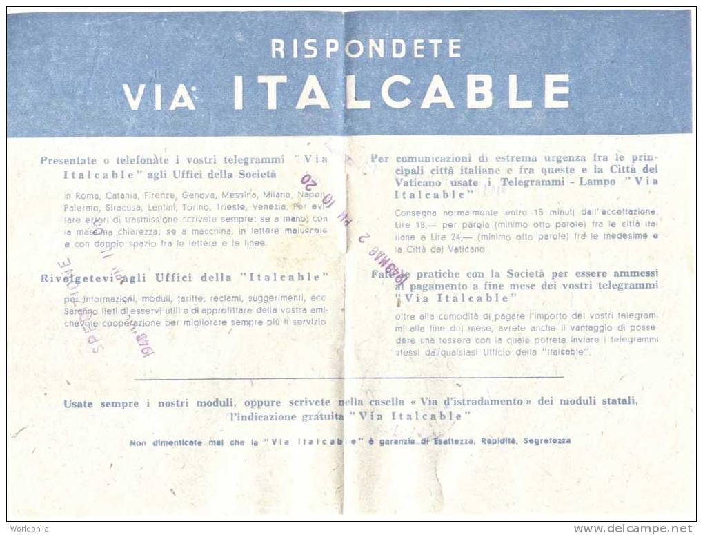 Palestine-Italy Interim Period / Minhelet Haam Telegram / Telegramma 1948 - Lettres & Documents