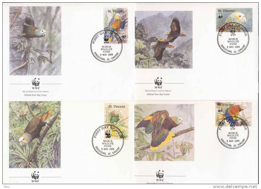 St. Vincent 1989 WWF W.W.F. FDC Set X4 Animals Birds Parrot Parrots Fauna Bird - FDC