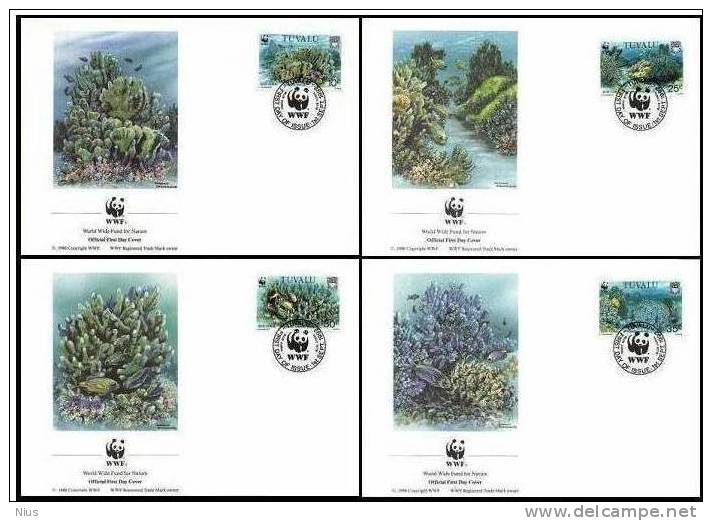 WWF 1992 Tuvalu Blue Coral FDC X4 Set Fauna Flora - FDC