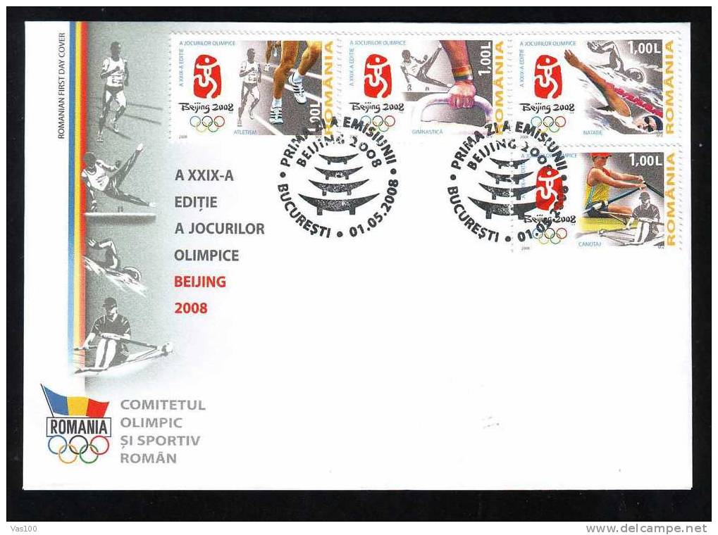 Romania 2008,GAMES OF THE XXIX OLYMPIAD BEIJING FDC,MNH CANOE ROWING,GYMNASTIQUE,ATHLETISME. - Canoë