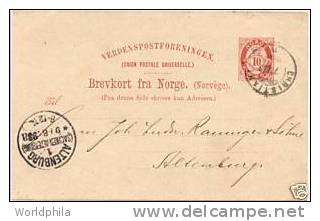 Norway / Norge Christiania Postmark-Germany Altenburg Postal Card / Karte Postale 1893 - Postwaardestukken