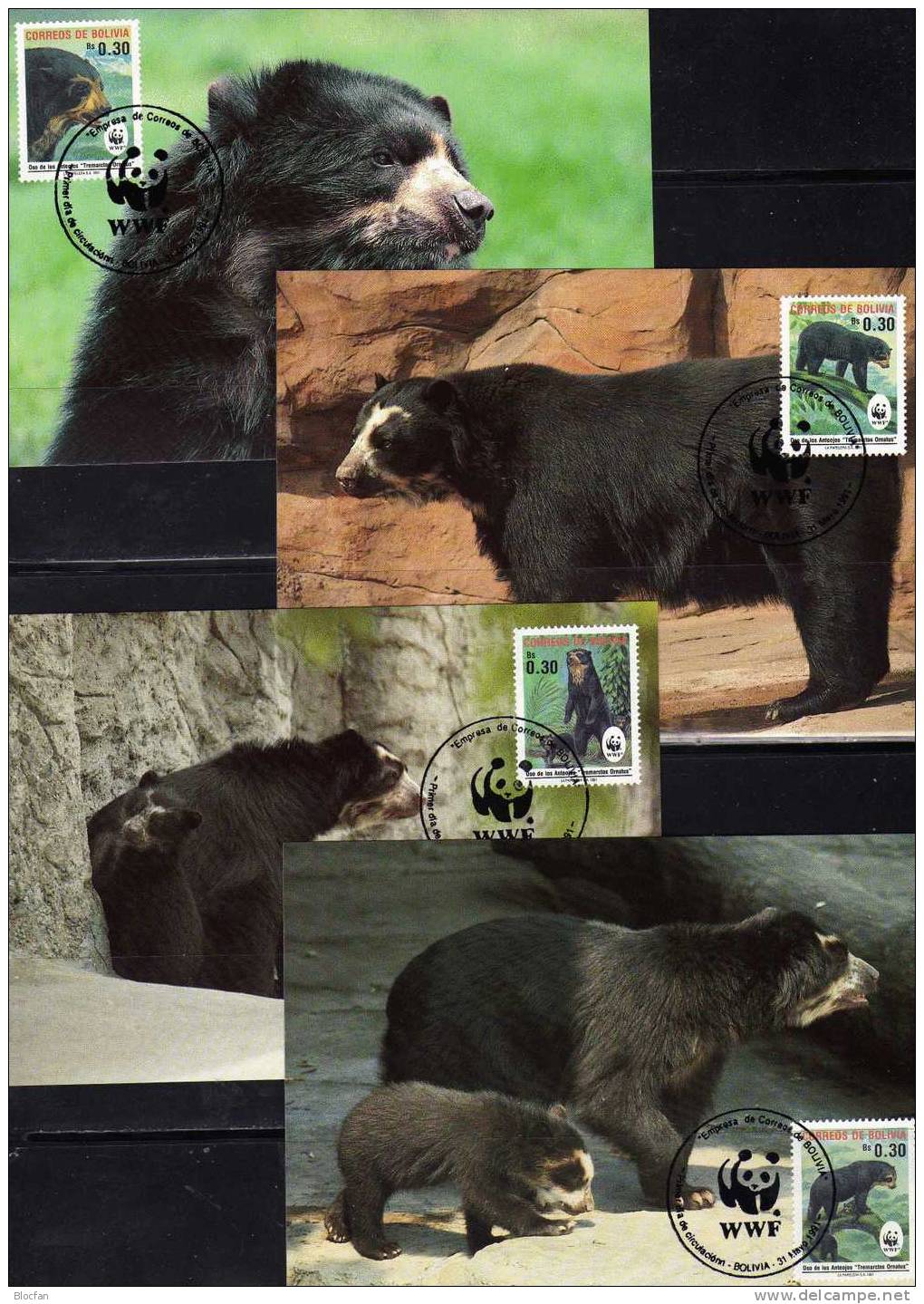 Bär WWF-Set 113 Bolivien 1137/0 **,4 FDC+4 MKt. 28CHF Brillenbär Dokumentation 1991 Wildlife Covers/card BOLIVIA America - Sammlungen (im Alben)