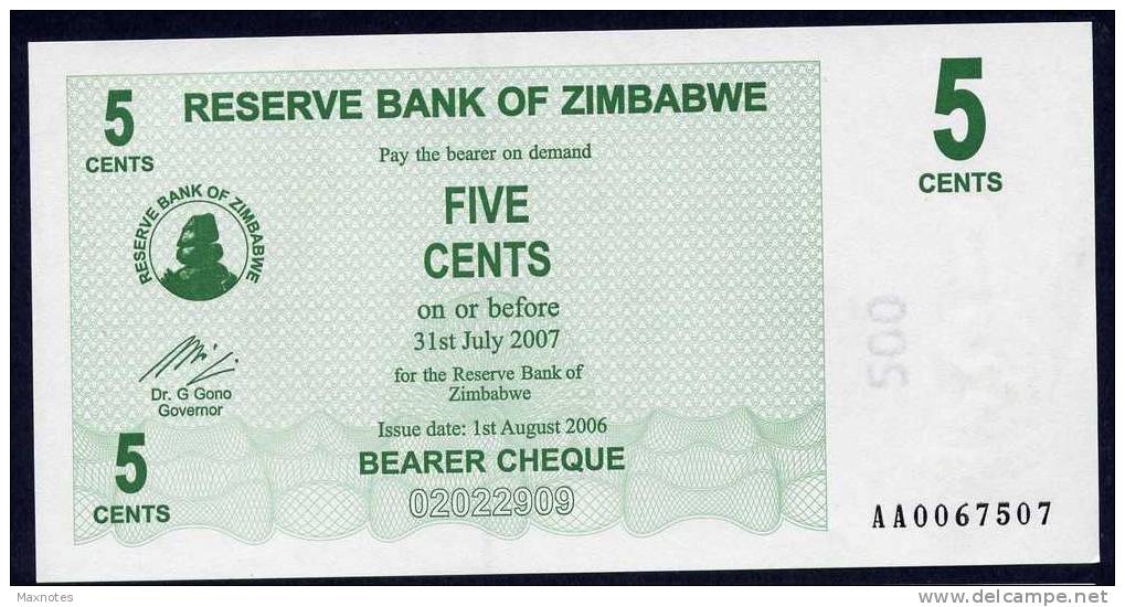 ZIMBABWE :  5 Cents - Bearer Cheque - 2006 - UNC - Zimbabwe