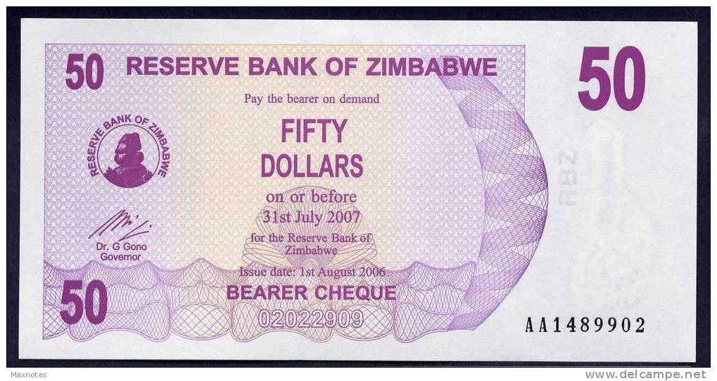 ZIMBABWE :  50  Dollars - Bearer Cheque - 2006 - UNC - Simbabwe