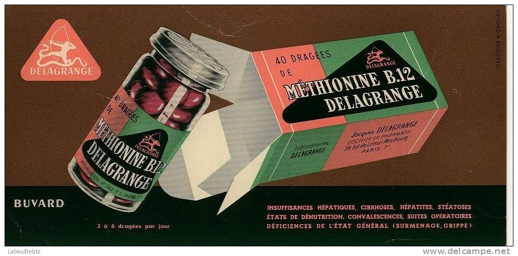 BUVARD - Laboratoires DE LAGRANGE PARIS VII  Dragée De Méthionine B 12 - Produits Pharmaceutiques