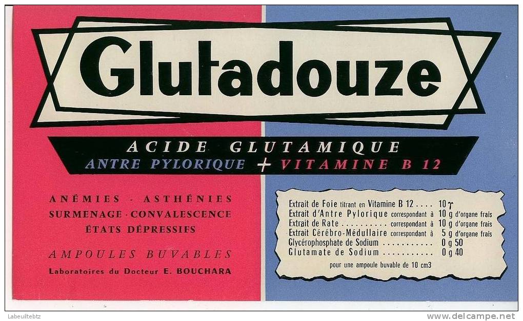 BUVARD - Laboratoires E. BOUCHARA  Glutadouze Acide Glutamique  Anémies Asthénies - Droguerías