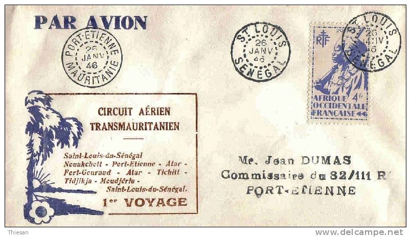 Mauritanie Sénégal Lettre Avion Airmail Cover Circuit Transmauritanien St Louis Pour Port Etienne 1946. - Lettres & Documents