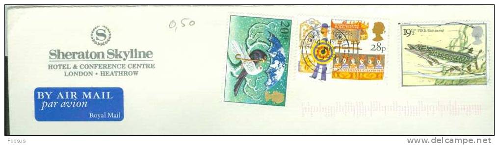 1999 SHERATON SKYLINE ENVELOPPE GLOUCESTERSHIRE TO USA ZEGEL STAMP FISH PIGEON DUIF VIS - Unclassified