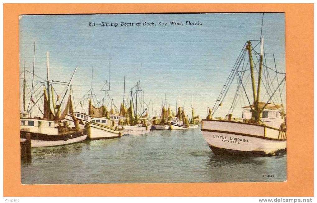 Key West Fl---Shrim Boats At Dock--vintage Linen - Key West & The Keys