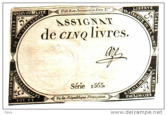 FRANCE 5 LIVRES  MOTIF FRONT  UNIFACE ASSIGNAT ND(1793)?  SERIES 1565 P?  READ DESCRIPTION !! - Assignate