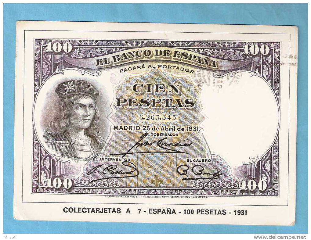 CPM - Représentation D'un Billet Espagnol- 100 Pesetas- 1931 - Espagne - - Coins (pictures)