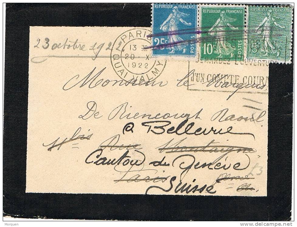 Carta Luto PARIS (Quai Valmy) 1922. REEXPEDITÉ - 1903-60 Semeuse Lignée