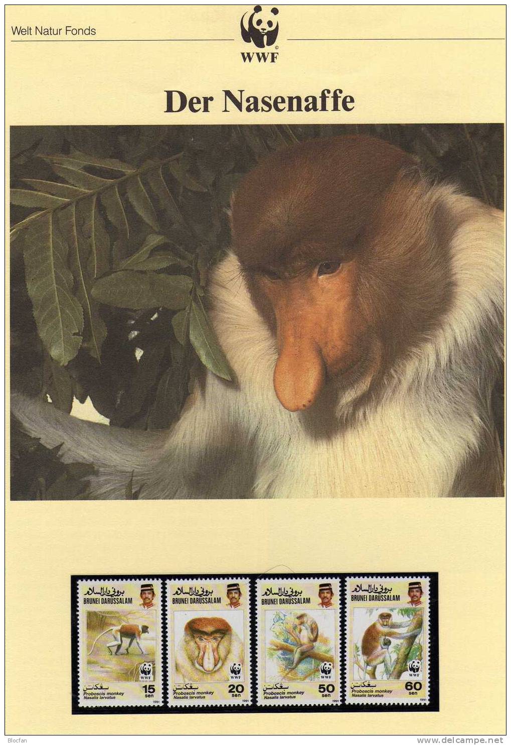 Dokumentation 1991 Affen WWF-Set 109 Brunei 450/3 **,4x FDC+4x MKt. 33CHF Nasenaffe Fauna Wild-life Covers/cards Of Asia - Sammlungen (im Alben)