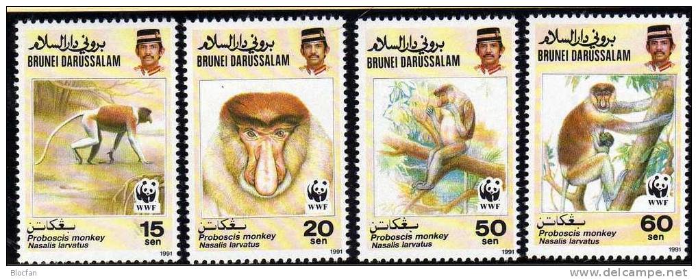 Dokumentation 1991 Affen WWF-Set 109 Brunei 450/3 **,4x FDC+4x MKt. 33CHF Nasenaffe Fauna Wild-life Covers/cards Of Asia - Collezioni (in Album)