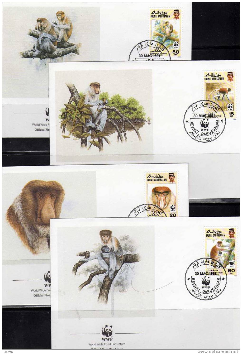 Dokumentation 1991 Affen WWF-Set 109 Brunei 450/3 **,4x FDC+4x MKt. 33CHF Nasenaffe Fauna Wild-life Covers/cards Of Asia - Sammlungen (im Alben)