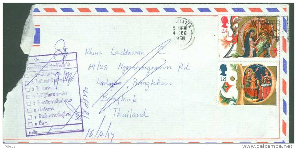 1991 ENVELOPPE MANCHESTER TO BANGKOK  - ADDRESS CANCELLATION AND THAI BOX STAMP - Non Classés