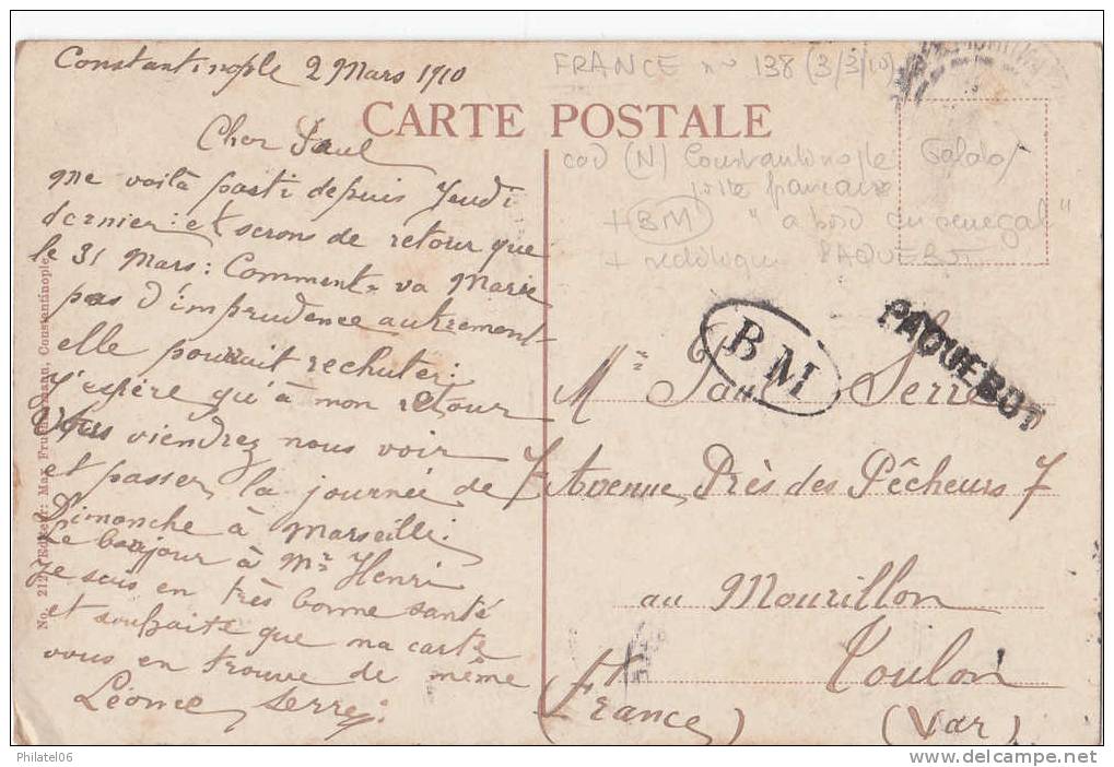CARTE AVEC CACHET MARITIME PAQUEBOT  DE CONSTANTINOPLE   ECRITE A BORD DU "SENEGAL" 1910 - Lettres & Documents