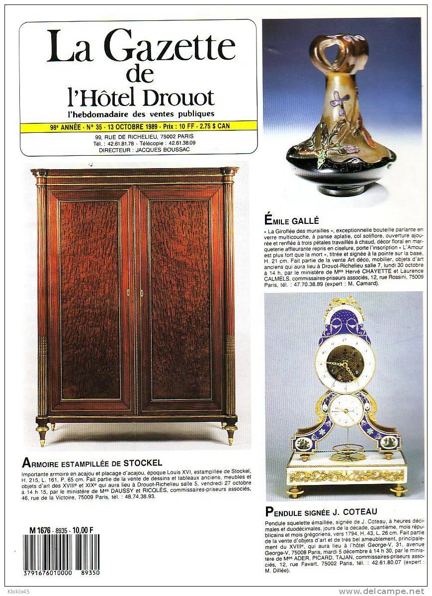 LA GAZETTE DE L´ HOTEL DROUOT N°  35 Du 23 Octobre 1989 - Emile GALLE - J COTEAU - STOCKEL - Verzamelaars