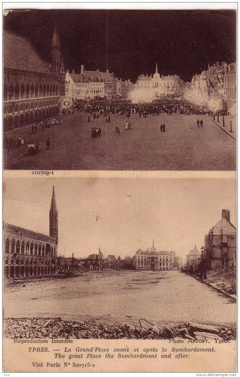 YPRES LA GRAN PLACE AVANT ET APRES LE BOMBARDEMENT-CARTOLINA AUTENTICA D´EPOCA.GUARDA - Ieper