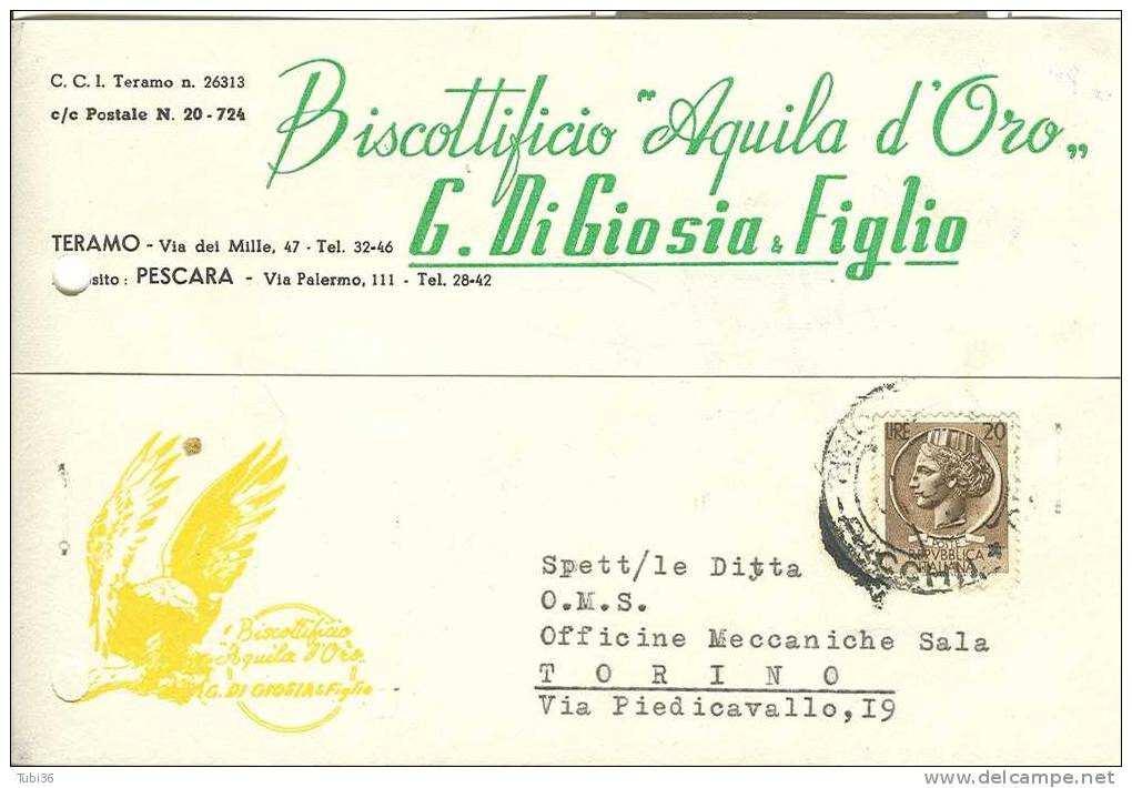 DI GIOSIA - BISCOTTIFICIO - TERAMO - CARTOLINA COMMERCIALE VIAGGIATA  1954 - BISCOTTIFICIO AQUILA D'ORO. - Teramo