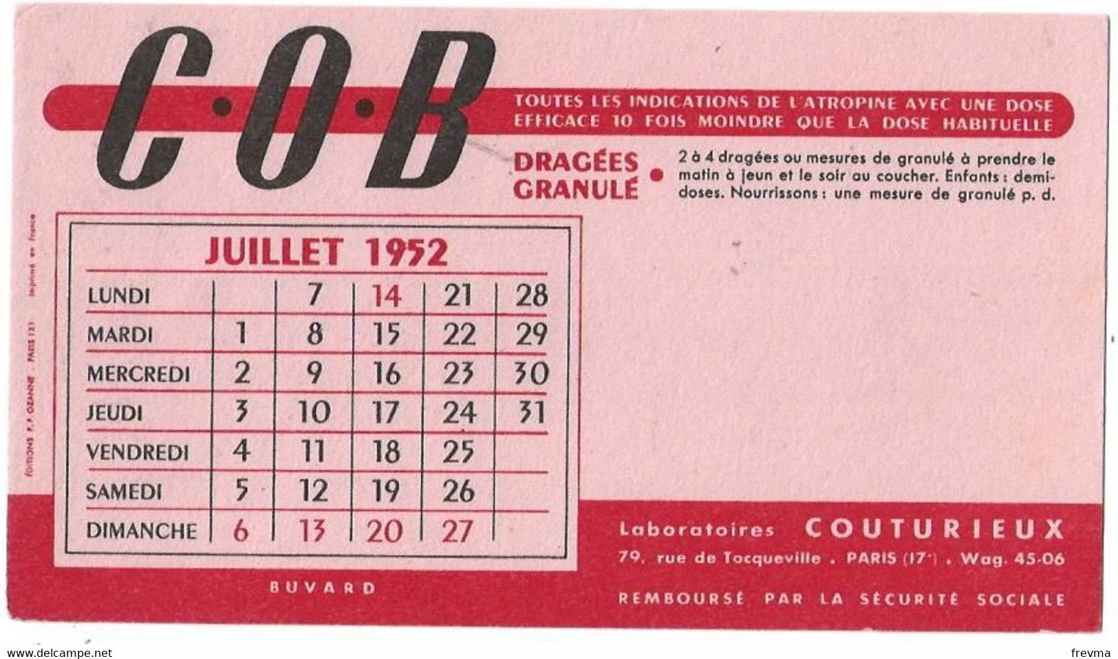 Buvard COB Dragees 1952 - Drogerie & Apotheke