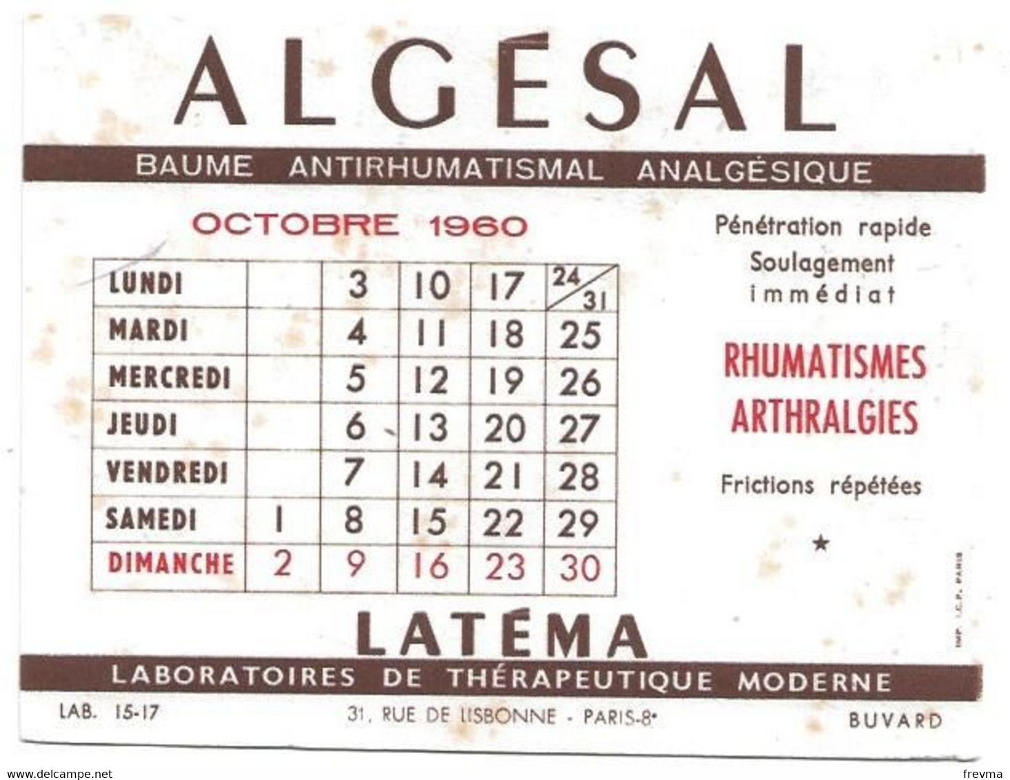 Buvard Algesal Calendrier Mois Octobre 1960 - Drogheria