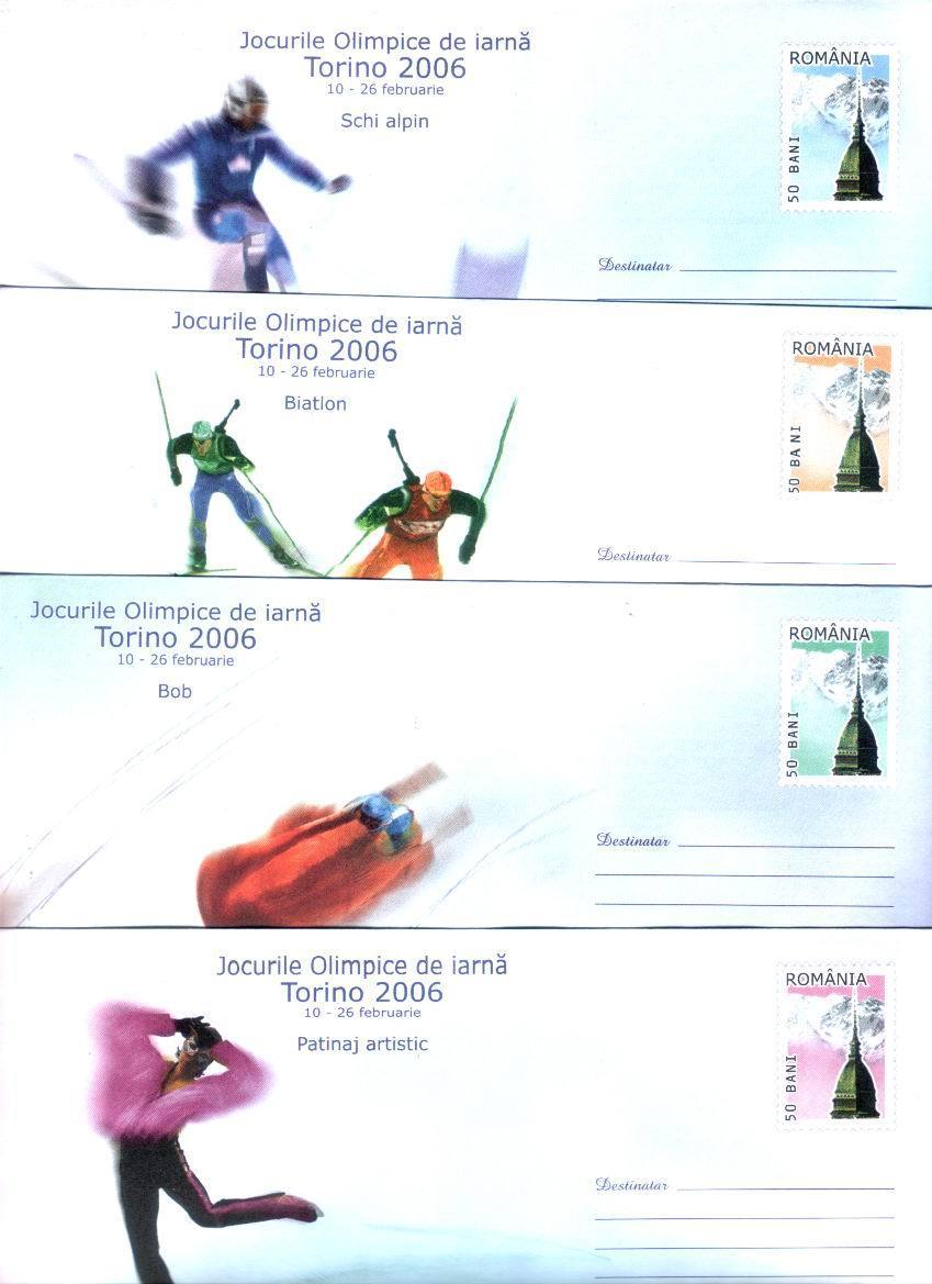 Romania Olympic Games Torino 4 Diff Stationery Covers,SKY,PATINAJE,BOB. - Hiver 2006: Torino