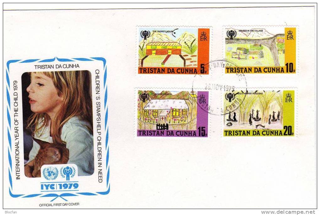 UNICEF Kindertag 1979 Kinderzeichnungen Tristan Da Cunha 266/9 Auf FDC 2€ Kirche Im Dorf - UNICEF