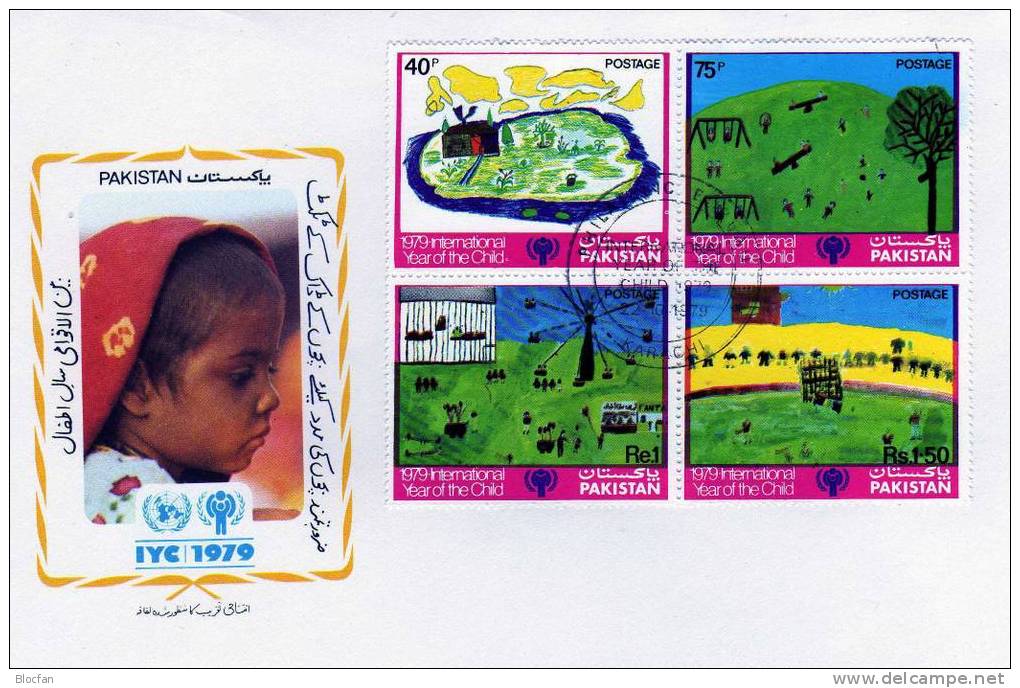 UNICEF Kindertag 1979 Kinder-Bilder Pakistan 495,496/9 4-Block Auf 2 FDC 8€ Auf Der Wiese - UNICEF