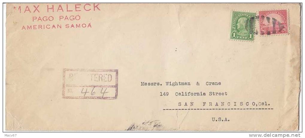 U.S. AMERICAN SAMOA REG. COVER PAGO PAGO To U.S.  1936 - Covers & Documents