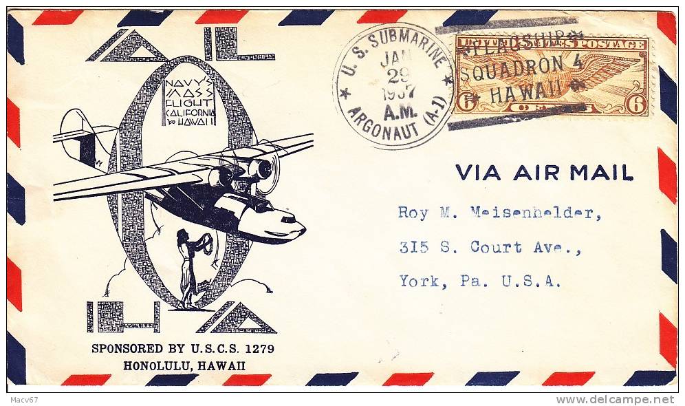 U.S.  Cover U.S.S. ARGONAUT  SUBMARINE  FLAGSHIP SQUADRON 4 HAWAII - Covers & Documents