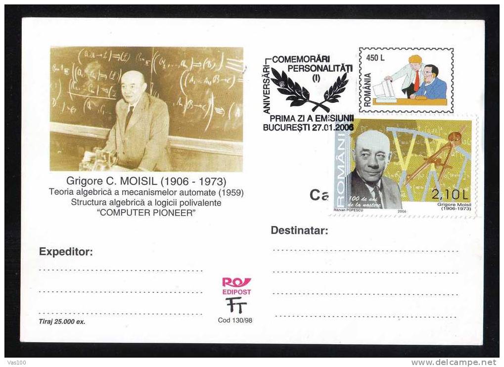 Romanian Mathematician Grigore Moisil,2006 Postcard,stamps Obliteration FDC,edition De Luxe Rare! Romania. - Computers