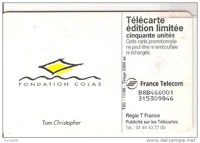 Télécarte 50 Tableau Tom Christopher  Fondation Colas Tirage 3500 Ex - Non Classificati