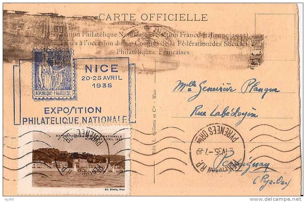 CPA NICE Flamme EXPOSITION PHILATELIQUE NATIONALE 1935 + Flamme Officielle Bleue Et Vignette Concordante Au Dos - Briefmarkenmessen
