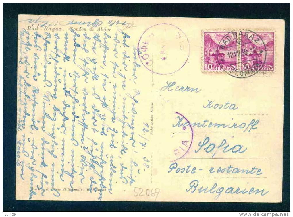 BAD RAGAZ - CONZEN & ALVIER Suisse Switzerland Schweiz Svizzera 1938 TO SOFIA Bulgarie Bulgarien  # H. SENMIDT Pc 52069 - Bad Ragaz