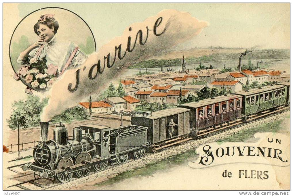 FLERS (61) Carte Fantaisie Souvenir Train - Flers
