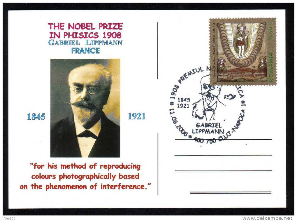 Prix Nobel Physique 1908 - Gabriel Lippmann - Oblitération, Timbre, C.p. Concordante 2008 Cluj-Napoca. - Physik