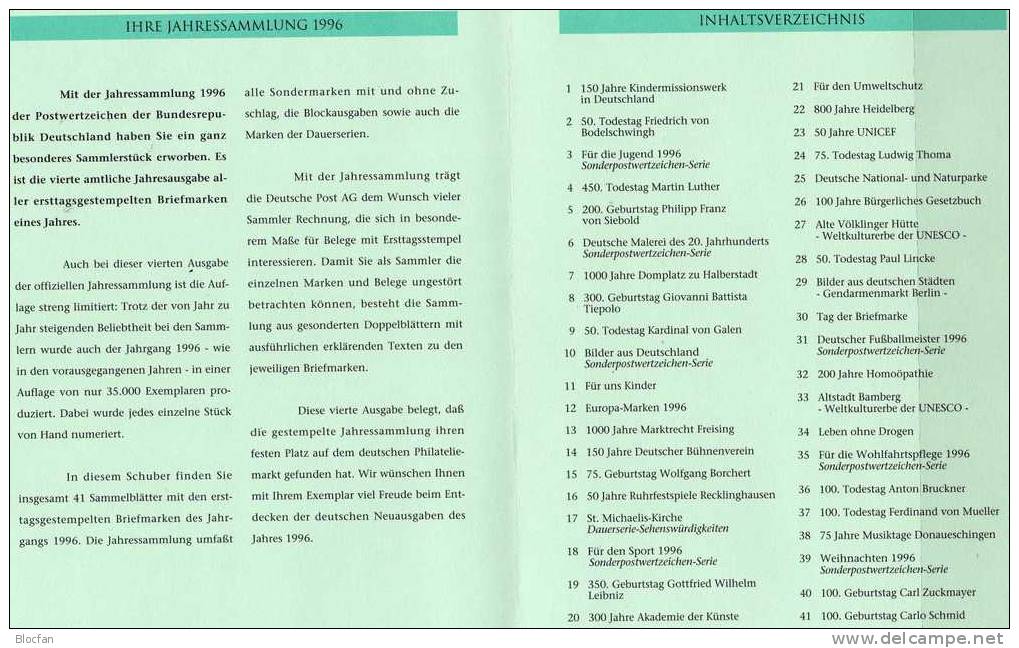 Jahres-Sammlung 1996 Mit 41 ETB,BRD 1834-1894 SST 130€ Ersttagblätter Illustrationen/documentation Year-books Of Germany - Colecciones (en álbumes)