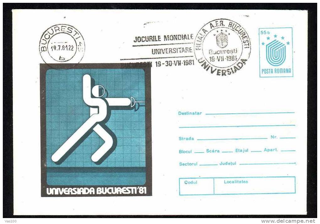 Enteire Postal With Fencing 1981+ Special Cancell Bucharest . - Fencing