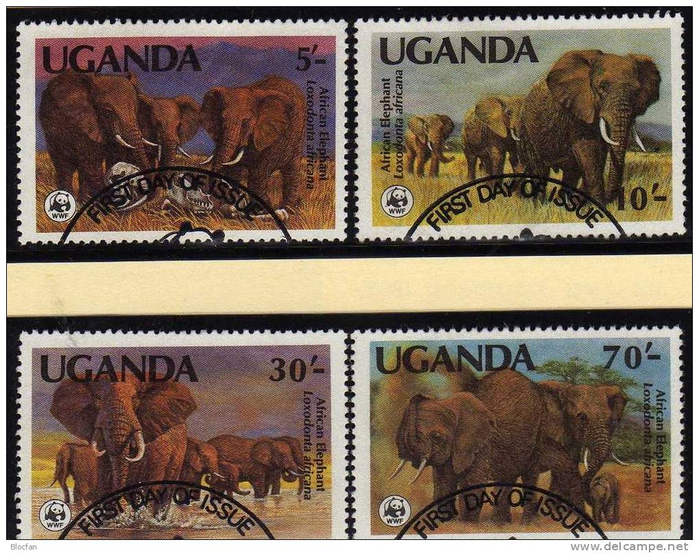 Set 4 WWF Uganda 361/4 **/o/4FDC+4MKt.78€ Elefanten mit Naturschutz-Dokumentation 1983 loxodonta africana sets bf Africa