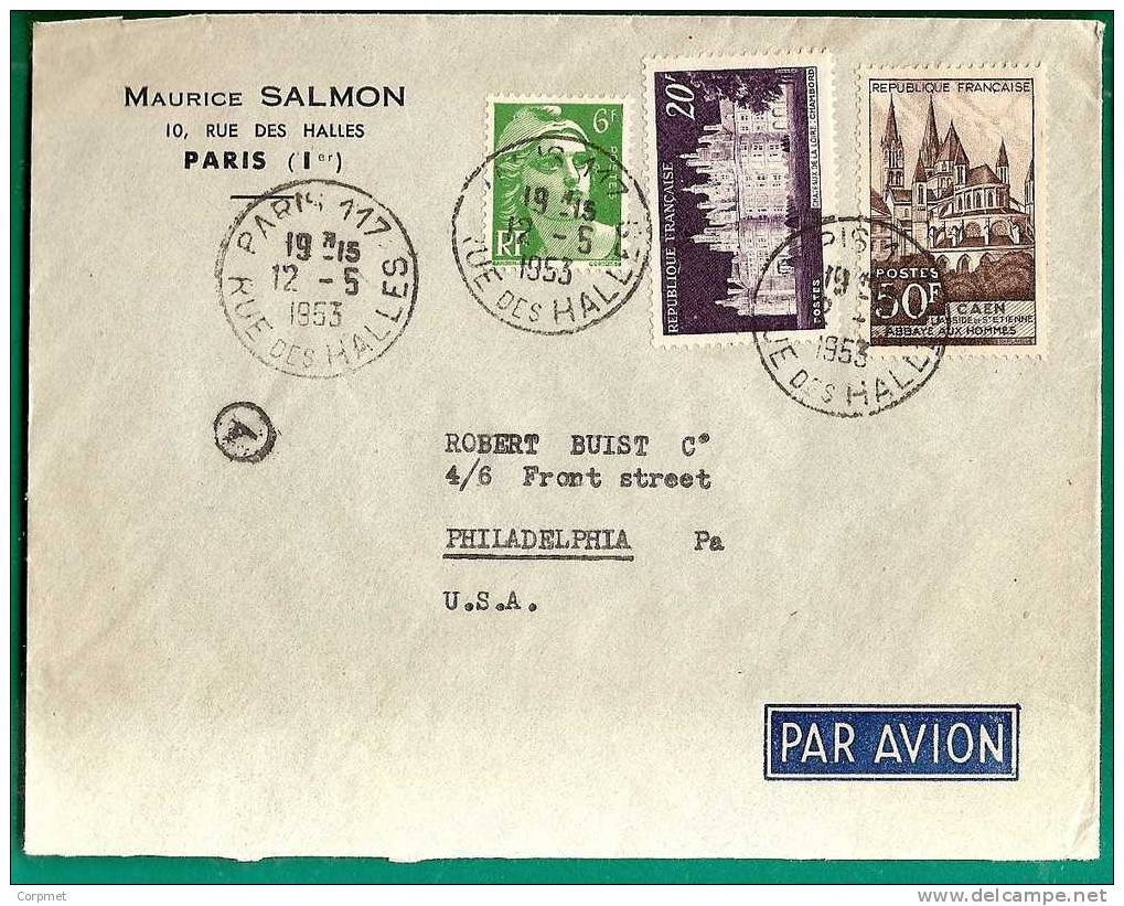 FRANCE - 1952 COVER - Type Marianne De Gandon Yvert # 884 + 917 + 924 From PARIS To PHILADELPHIA - 1945-54 Marianne De Gandon