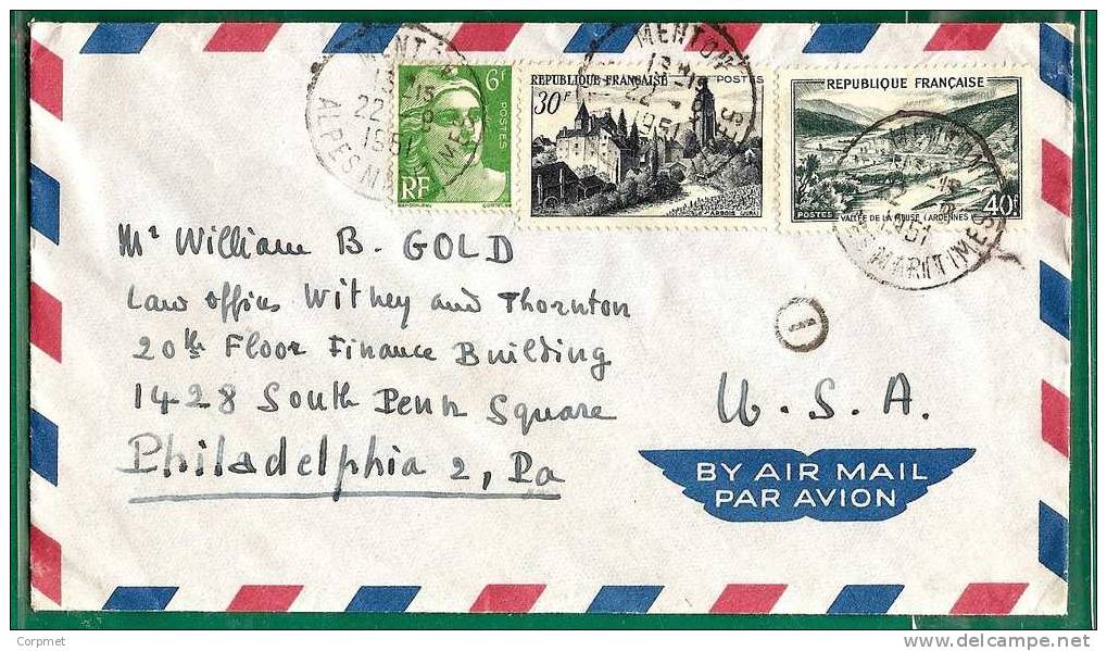 FRANCE - 1951 COVER - Type Marianne De Gandon Yvert # 884 + 905 + 842A  From MENTON To PHILADELPHIA - 1945-54 Marianne De Gandon