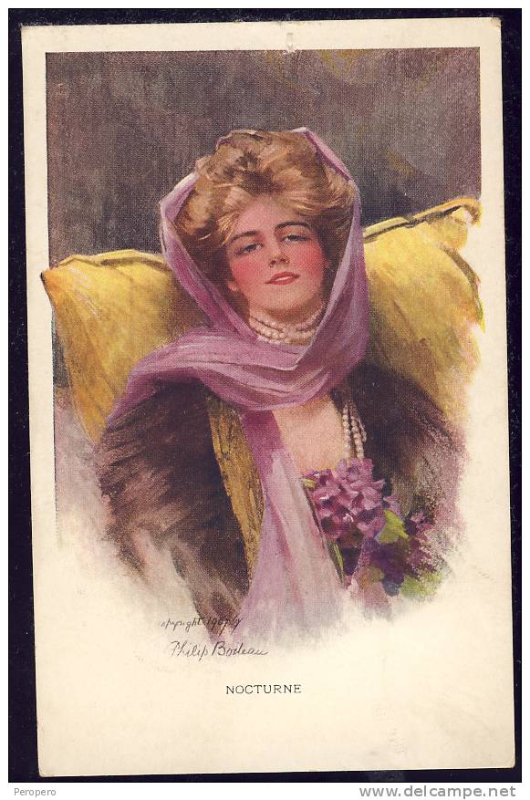 AK BOILEAU PHILIP,BEATY JUNGE DAME, "NOCTURNE" ,OLD POSTCARD - Boileau, Philip