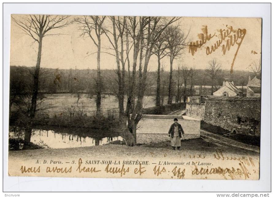 Cpa Saint NOM LE BRETECHE L'abreuvoir Et Le Lavoir Homme A La Pose - 3 AD - St. Nom La Breteche